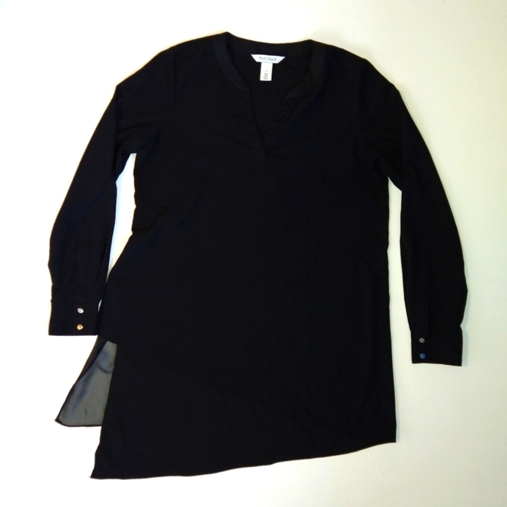 White House Black Market Womens Black Tunic Long Roll Tab Sleeve Split Hem